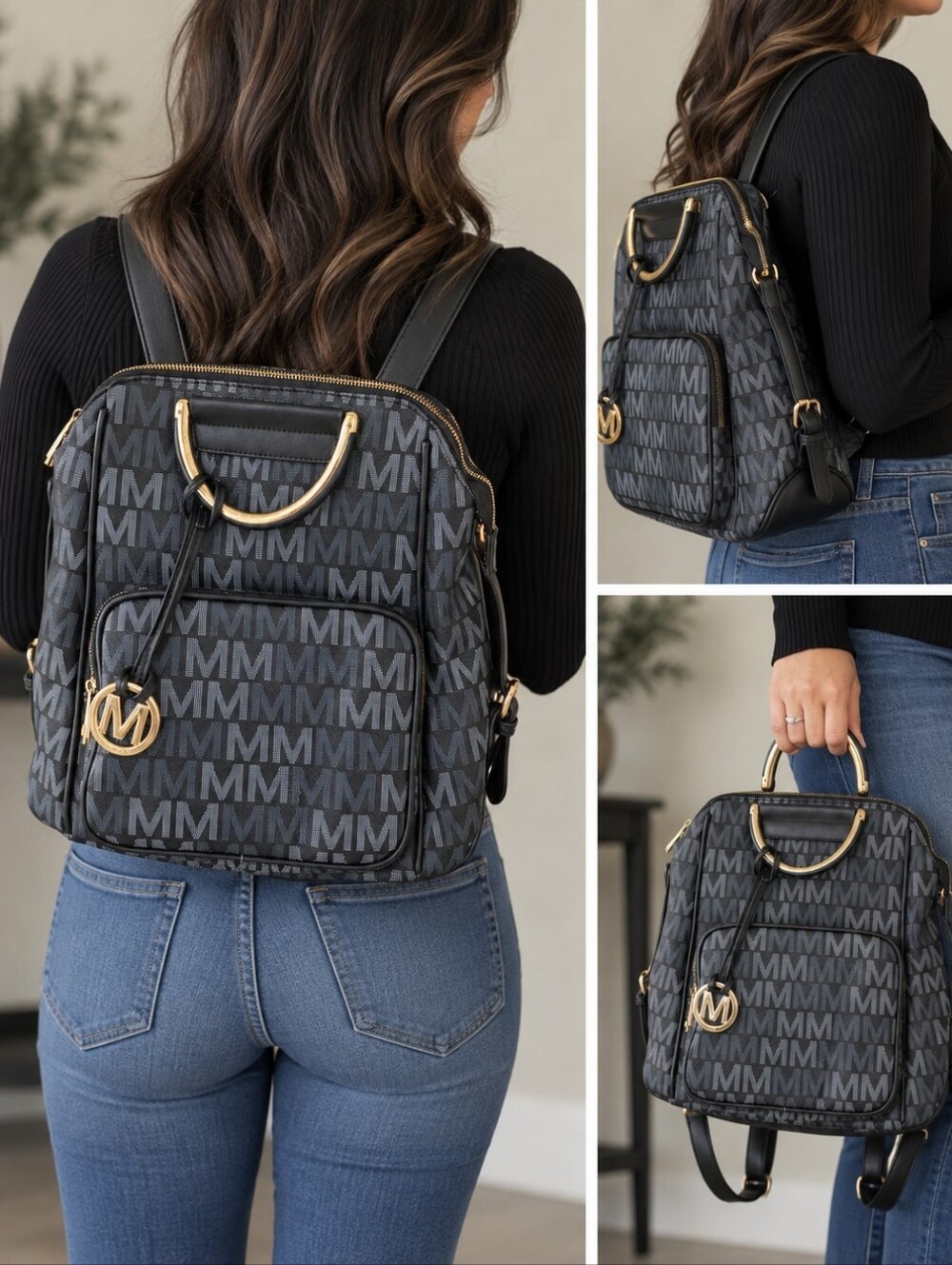 Black and Gray Monogram-Pattern Backpack with Gold Accents